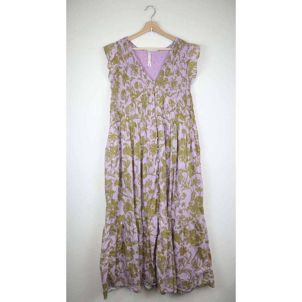 Anthropologie The Peregrine Midi Dress 2X Mauve Floral Smocked Tiered - Picture 2 of 10